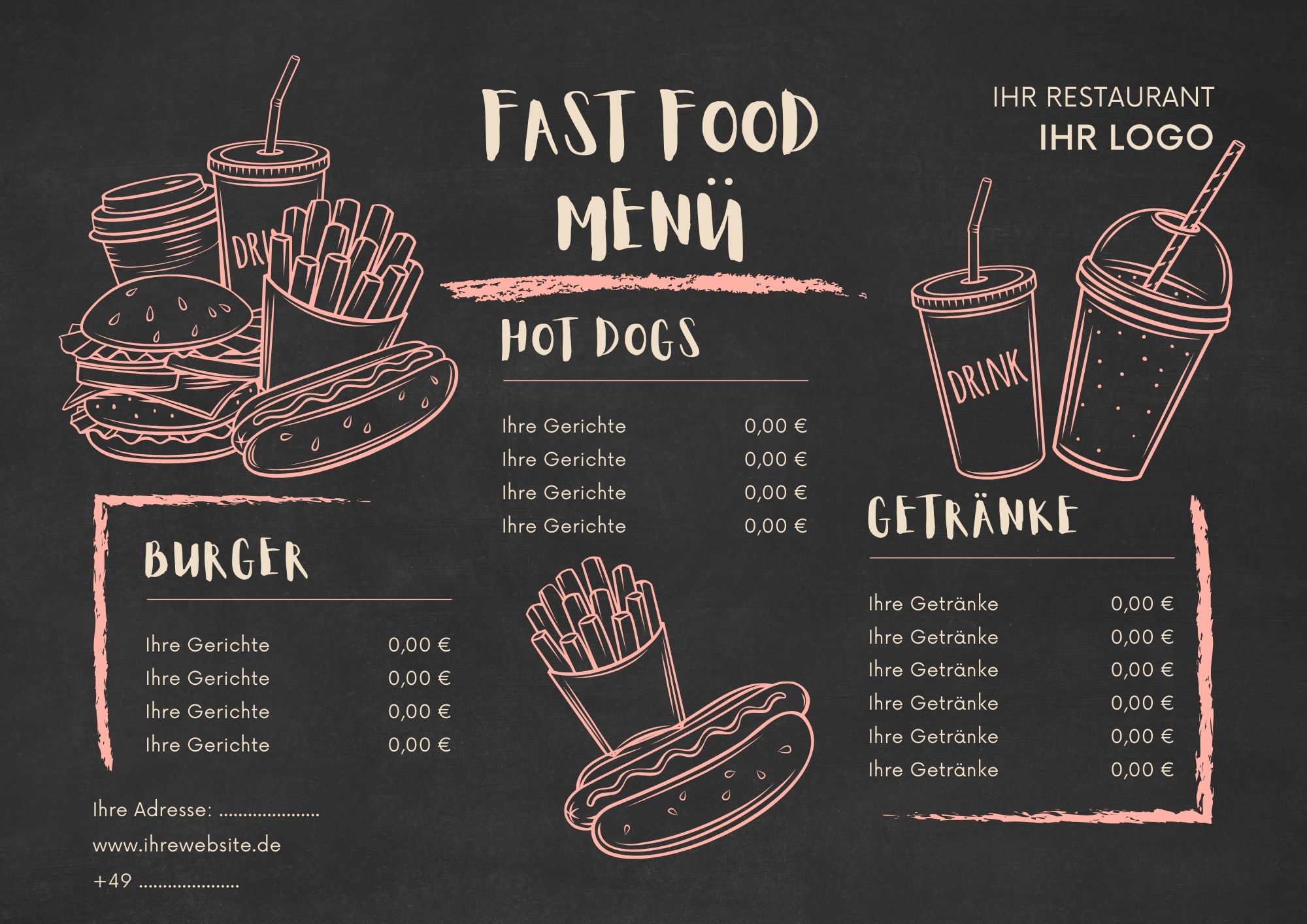 Kreatives Menüdesign für Fast-Food-Restaurants und Imbisse.

